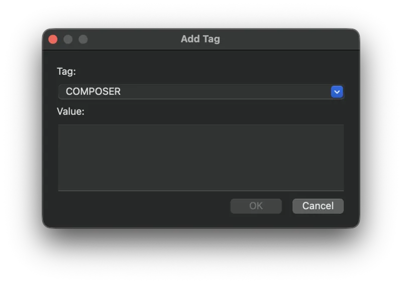 Metadatics Add Tag window with Tag and Value fields