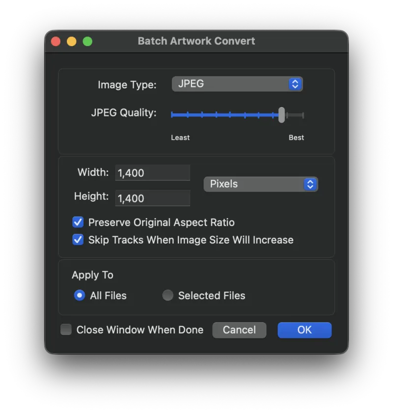 Metadatics Batch Resize Artworks window with image type, quality, and aspect ratio options