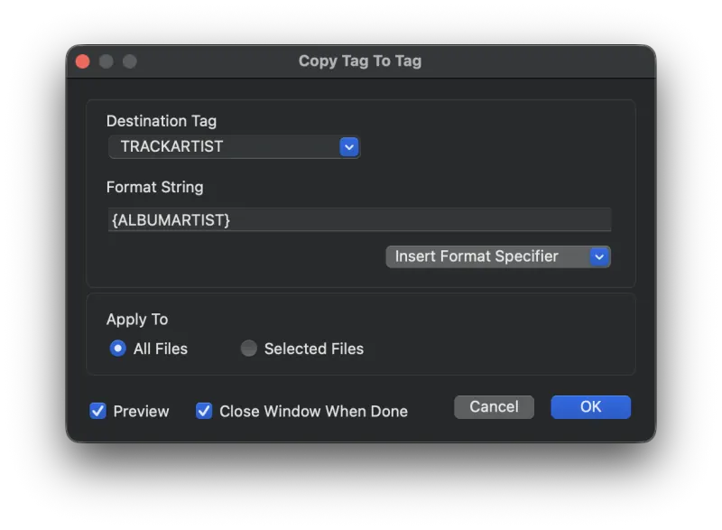 Metadatics Copy Tag To Tag window showing destination tag and format string