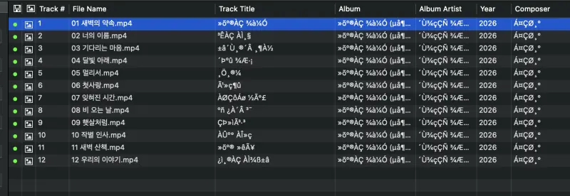 Metadatics main window showing audio tags with garbled characters before correction