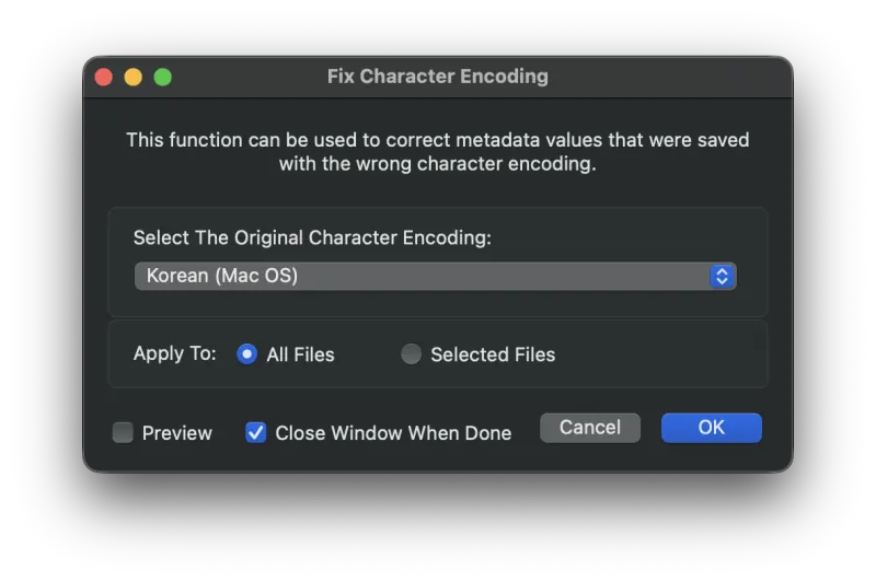 Metadatics Fix Character Encoding window