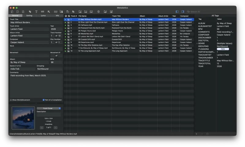 Metadatics main window showing toolbar, Field Editor, Album Artwork Editor, File List, and All Tags panel