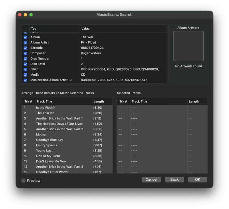 Metadatics MusicBrainz results window comparing lookup results against the selected tracks