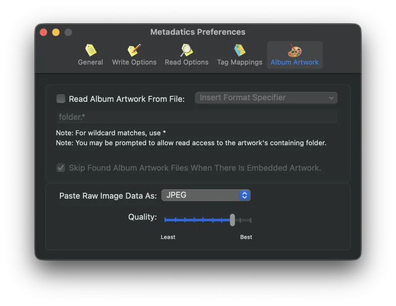 Metadatics Album Artwork preferences tab