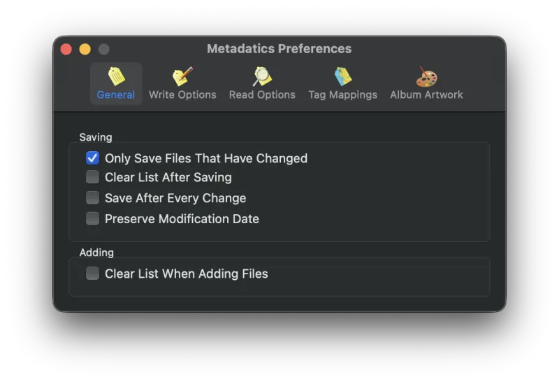 Metadatics General preferences tab