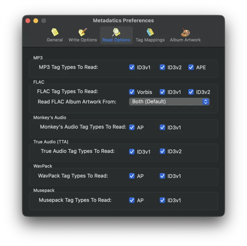 Metadatics Read Options preferences tab