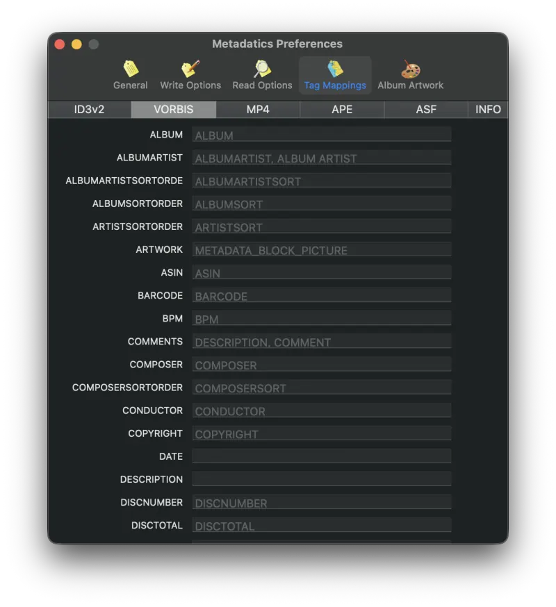 Metadatics Tag Mappings preferences tab showing the Vorbis tag-name mappings