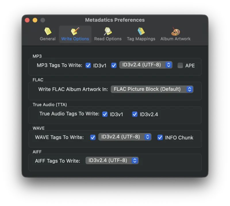 Metadatics Write Options preferences tab