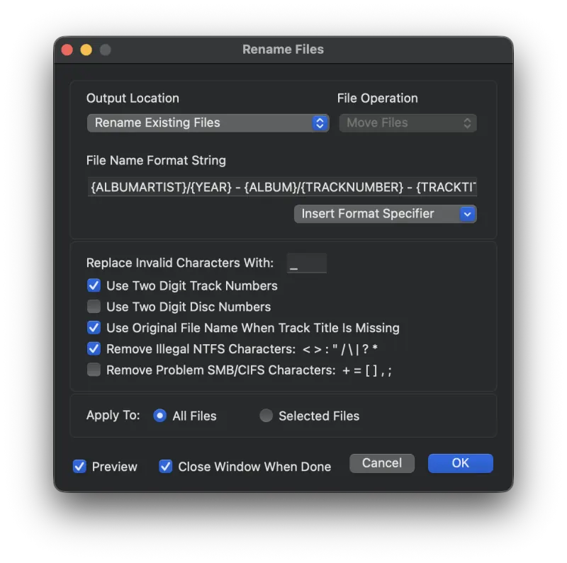 Metadatics Rename Files window showing format string and options