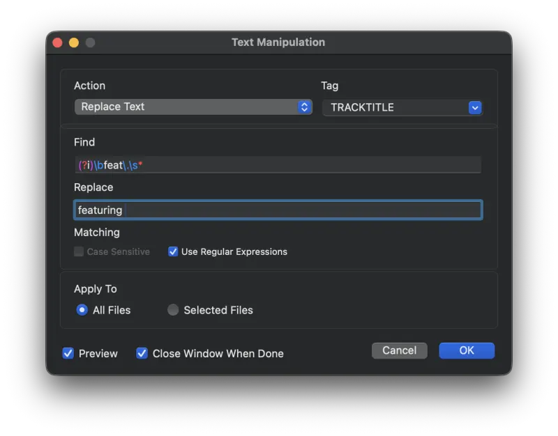 Metadatics Text Manipulation window with a tag selector and a list of text actions