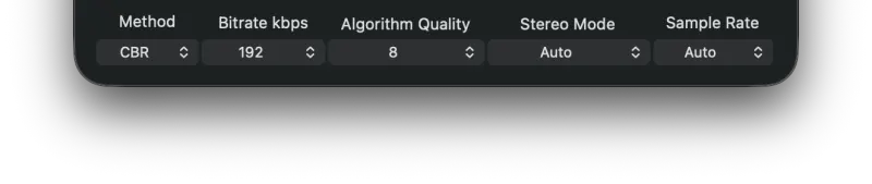 MP3 Encoder output settings pulldowns: Method, Bitrate, Algorithm Quality, Stereo Mode, Sample Rate