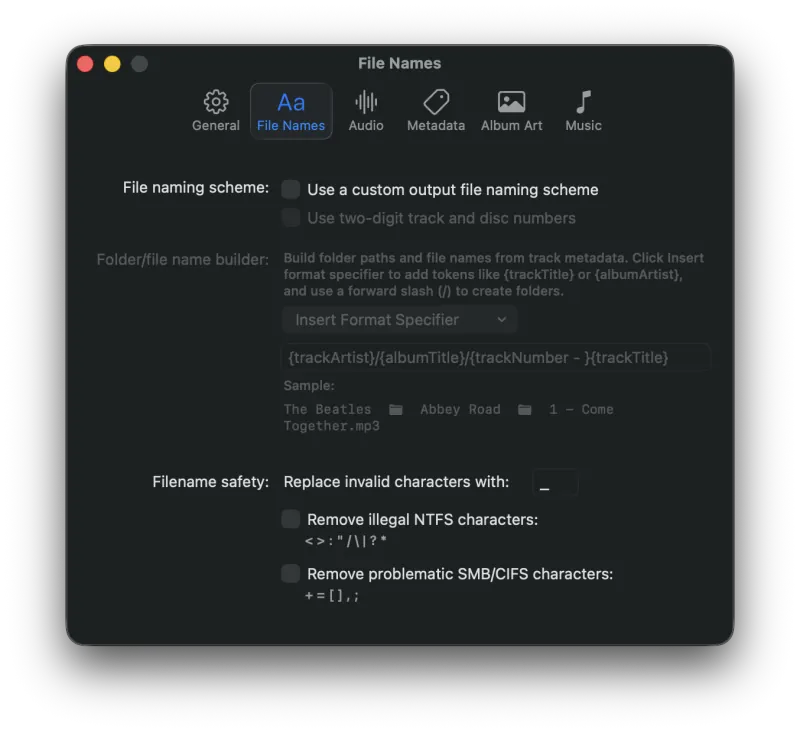 MP3 Encoder Settings File Names tab