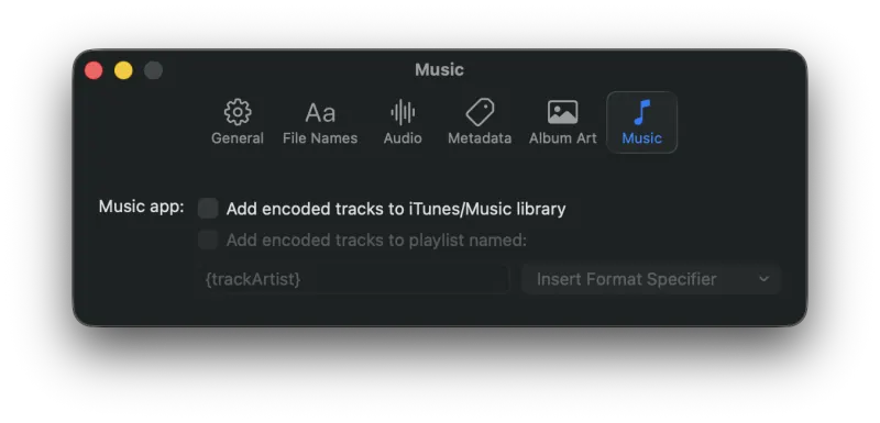 MP3 Encoder Settings Music tab