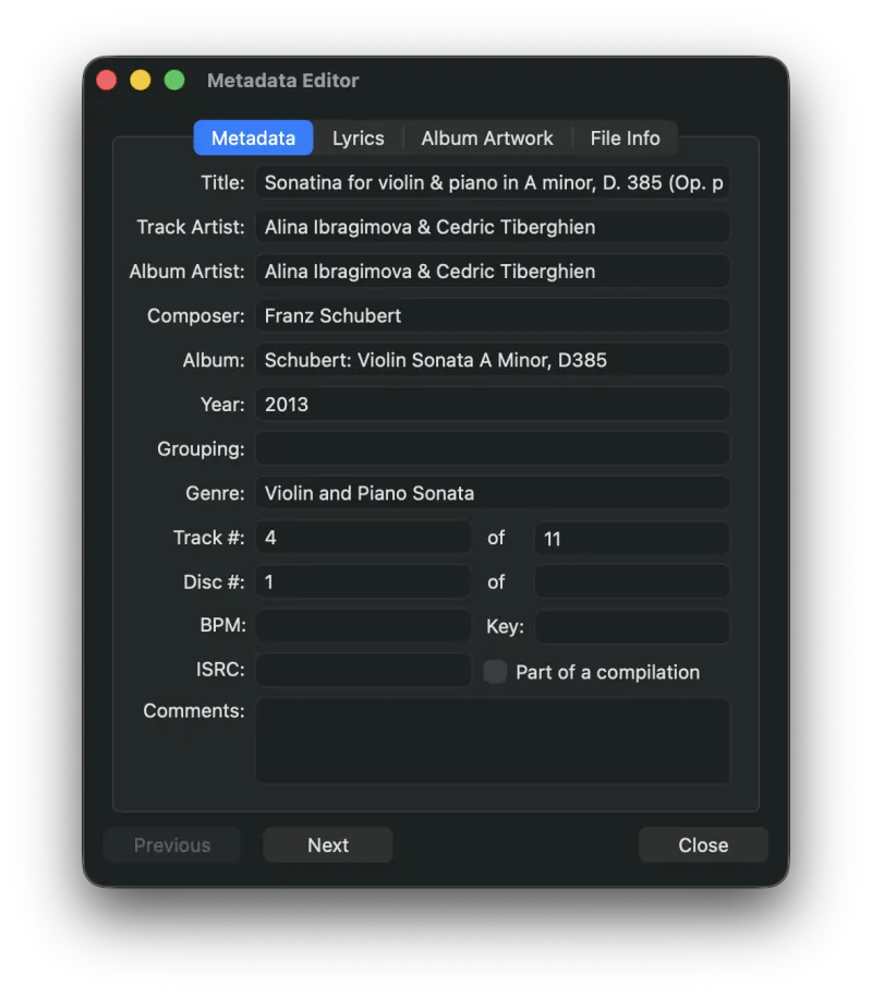 Editing tags in the Pro Audio Converter Metadata Editor